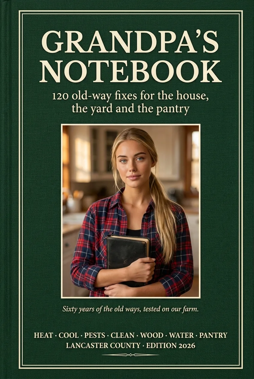 Grandpa's Notebook — the printed cover: 120 old-way fixes for the house, the yard and the pantry. Clara Beiler holding the black notebook.